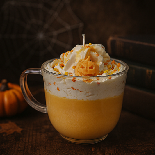 Pumpkin Spice Latte Candle With Jack-o'- Lantern Topper | 1lb+ Soy Candle in Mug | Whipped Wax Fall Candle | Halloween Home Decor